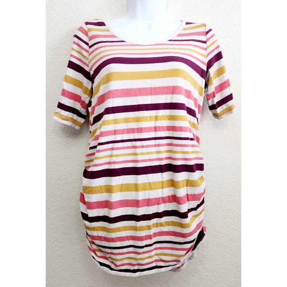 Motherhood Maternity Beige Pink Yellow Striped Top Medium Ruched Sides Stretchy - Picture 1 of 6